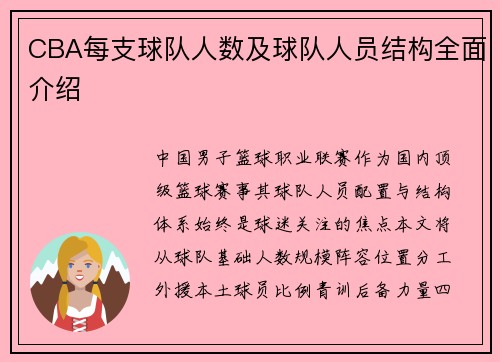 CBA每支球队人数及球队人员结构全面介绍