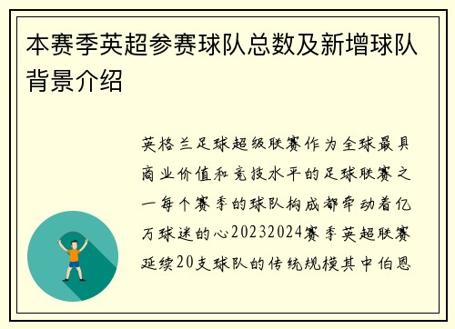 本赛季英超参赛球队总数及新增球队背景介绍