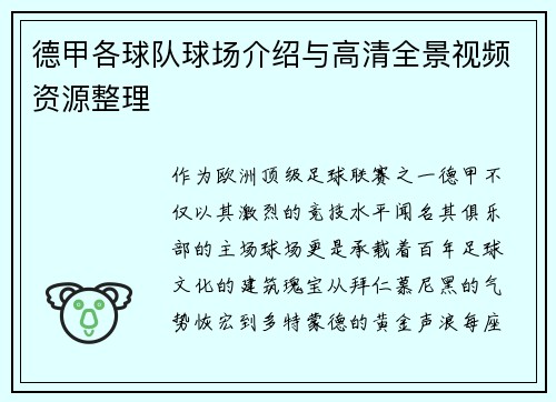 德甲各球队球场介绍与高清全景视频资源整理